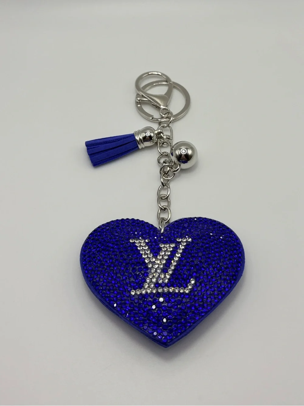 Royal Blue Crystal Heart Keychain with Silver Hardware